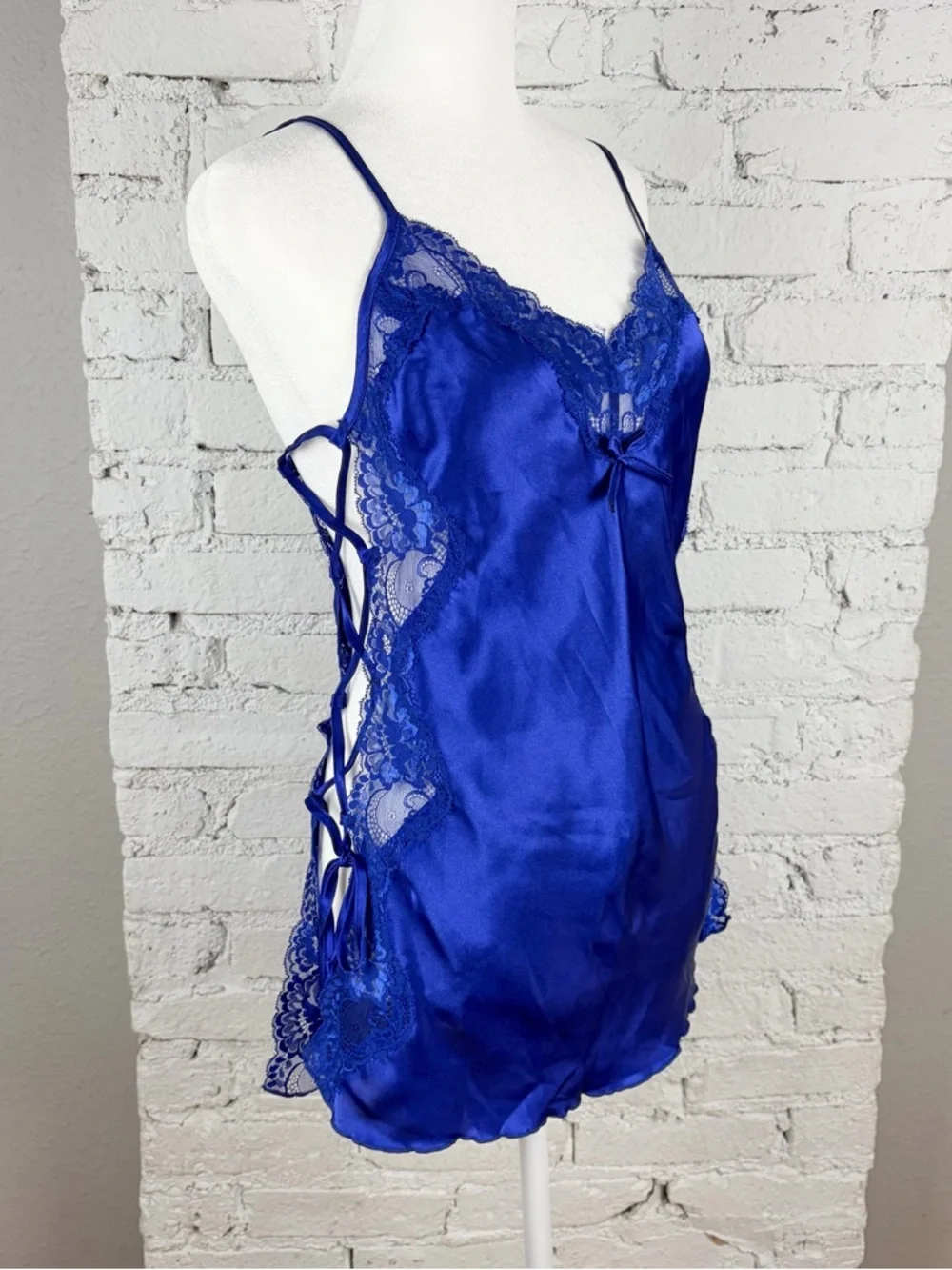 Shirley Hollywood Blue Lace Up Side Slip Nightie Vintage Small - Picture 5 of 15